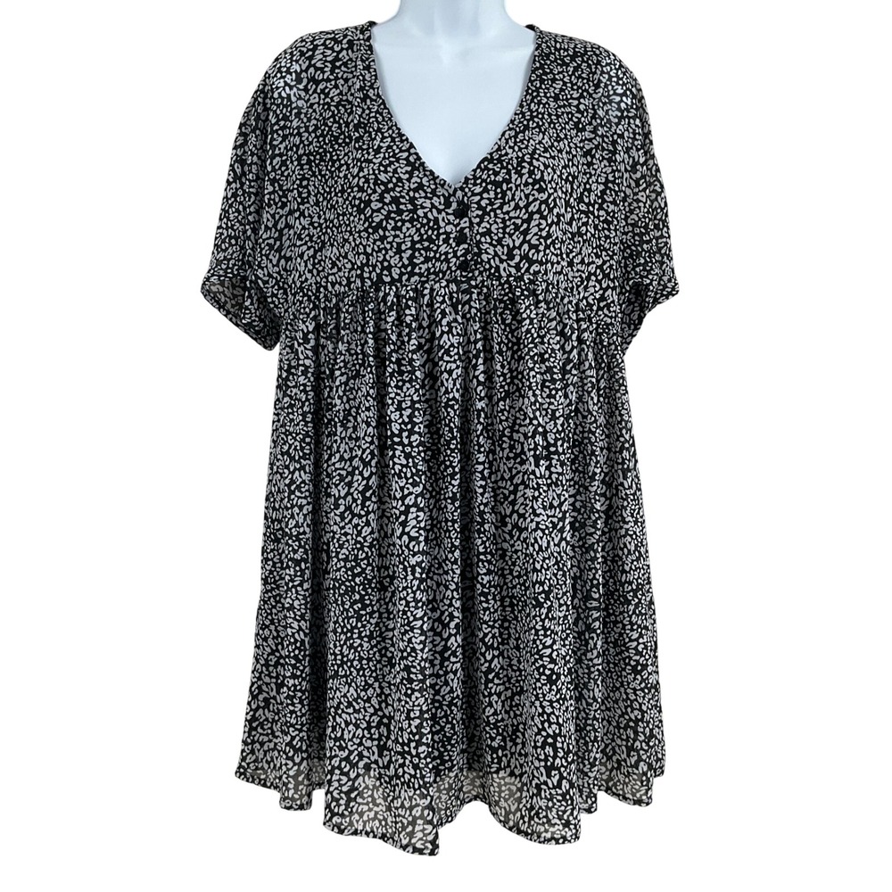 Umgee Womens Black White Leopard Babydoll Mini Dress Sz S Boho Flowy Modest